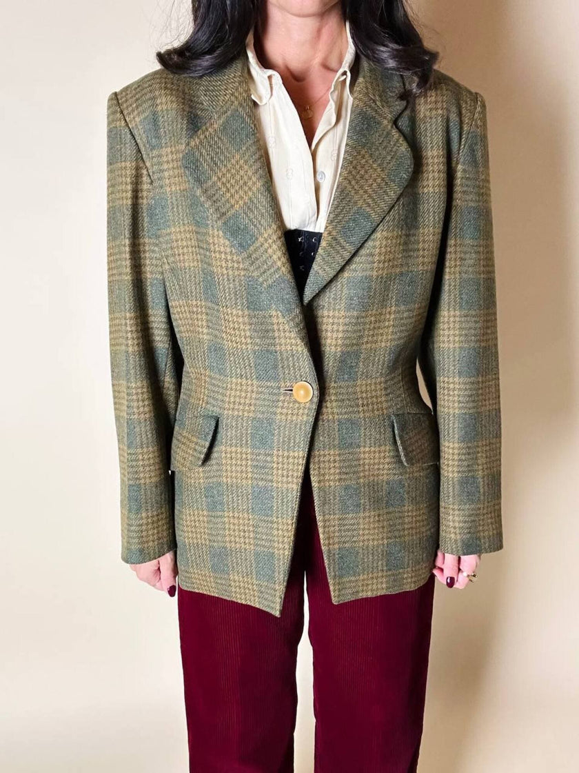 Blazer Yves Saint Laurent de lana con estampado de Príncipe de Gales verde y ocre