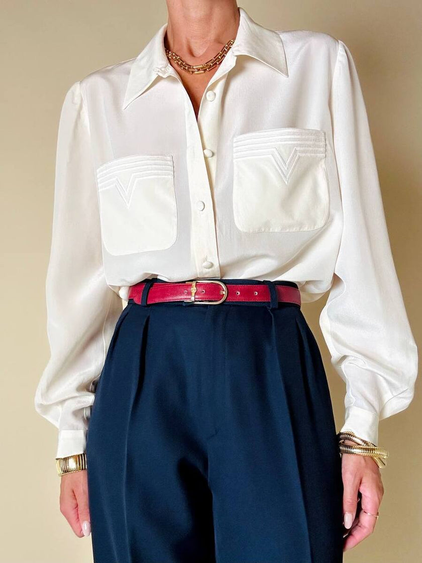 Camicia in seta avorio con tasche ricamate “Valentino Miss V”