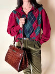 Pullover Yves Saint Laurent fantasia Argyle rosso Borgogna verde inglese e blu notte