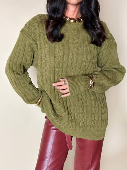 Maglione girocollo lavorato a trecce e a coste larghe verde oliva
