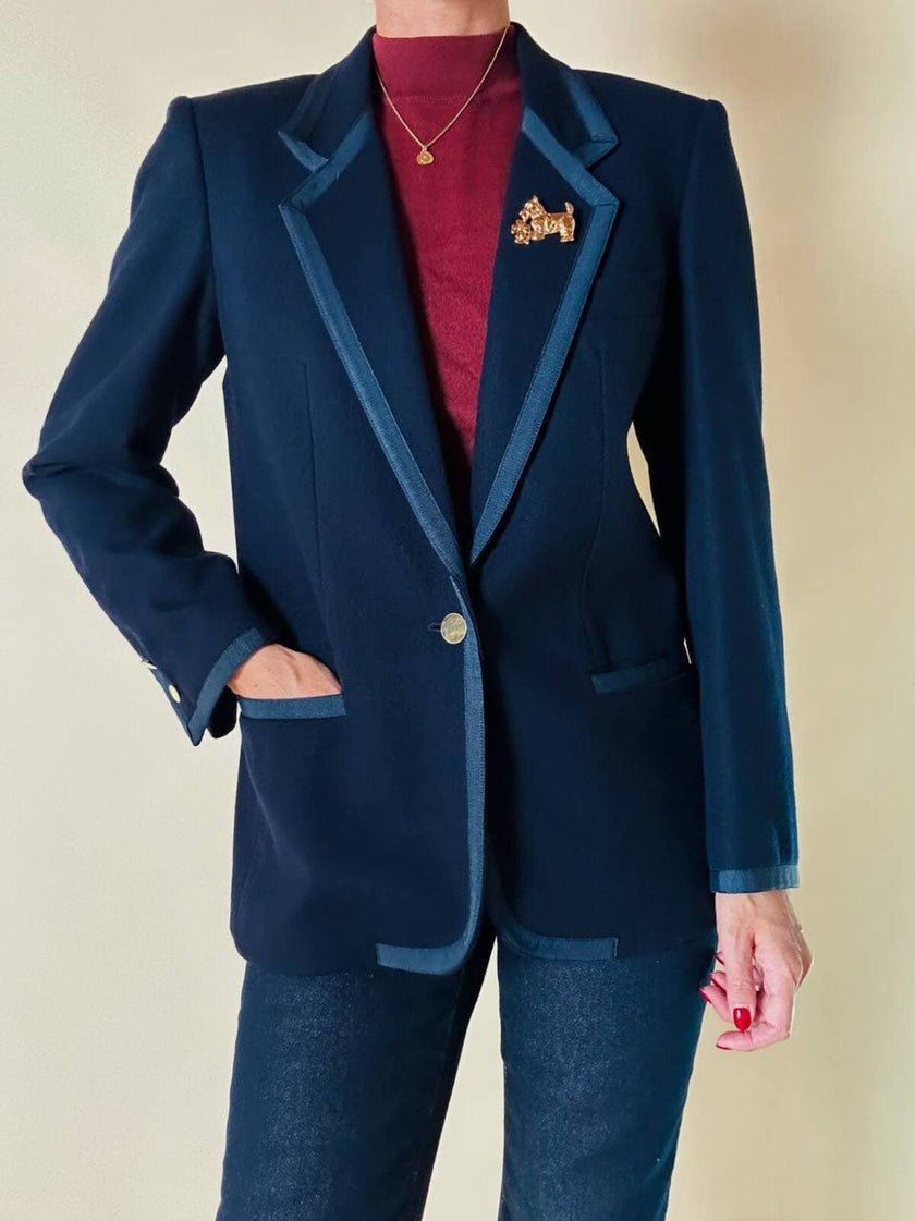 Blazer in lana blu con profili in gros grain “Gibò Firenze”