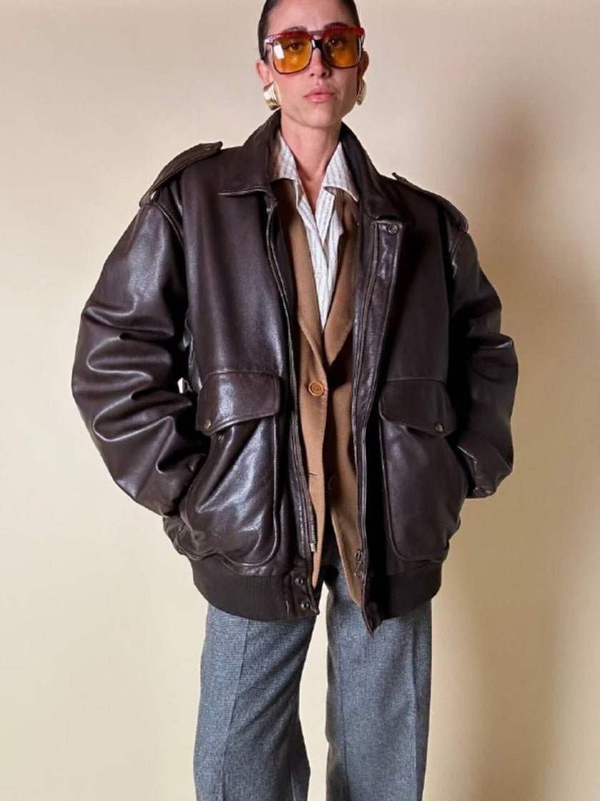 Bomber aviator oversize in pelle testa di moro