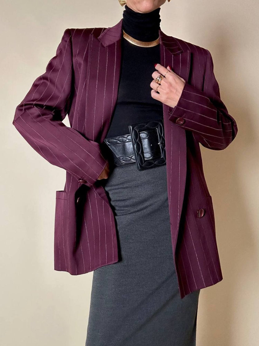 Blazer doppiopetto in rasato di lana gessato color burgundy “Gianni Versace”