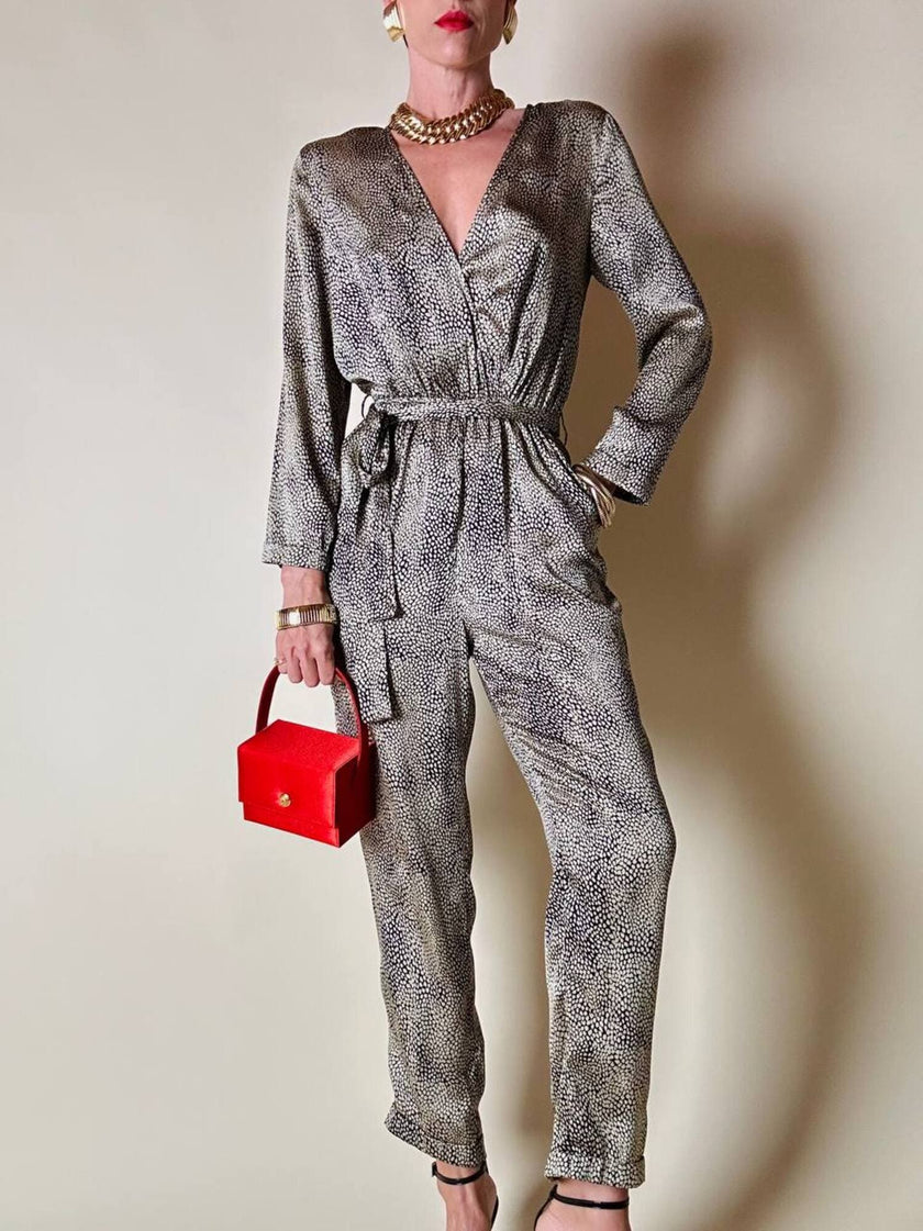 Jumpsuit in raso fantasia micro leopardo
