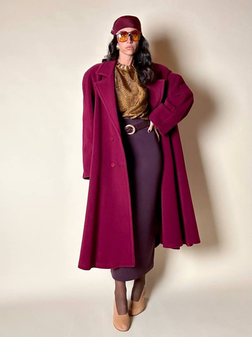 Cappotto doppiopetto oversize in lana rosso Borgogna Riflessi