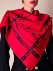 Foulard vintage Christian Dior in seta rossa con stampa bambù nera e maxi firma