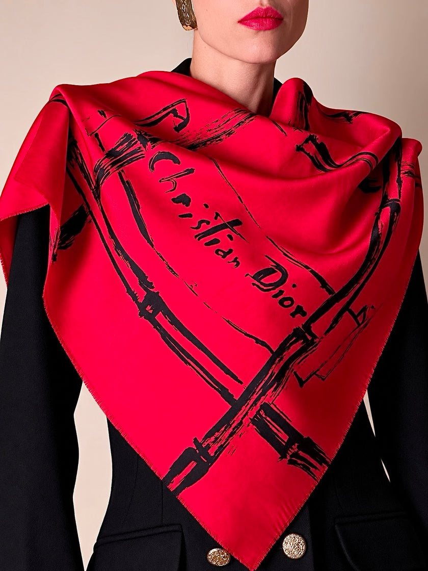 Foulard vintage Christian Dior in seta rossa con stampa bambù nera e maxi firma