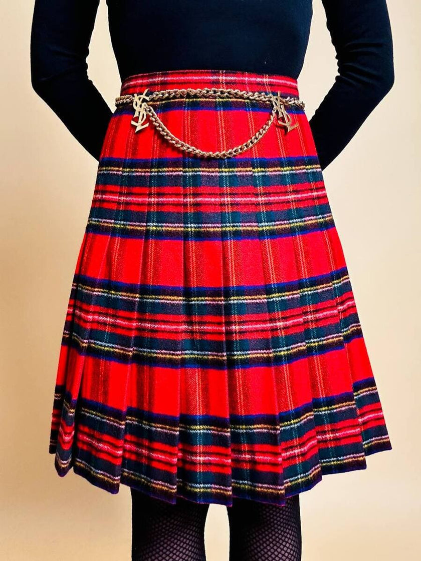Minigonna a pieghe in lana e cachemire fantasia tartan