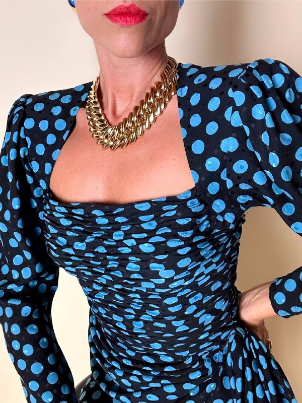 Abito in seta Ungaro Parallèle nero a pois celesti con fiocco laterale