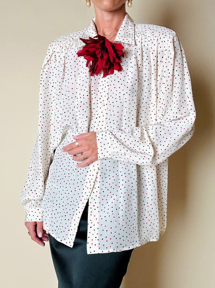 Camicia oversize in seta panna a pois rossi e neri “Corylady”