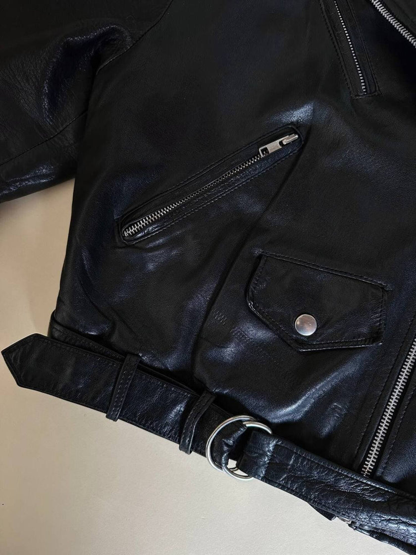 Giacca biker vintage in pelle nera ultra soft con fodera trapuntata in raso