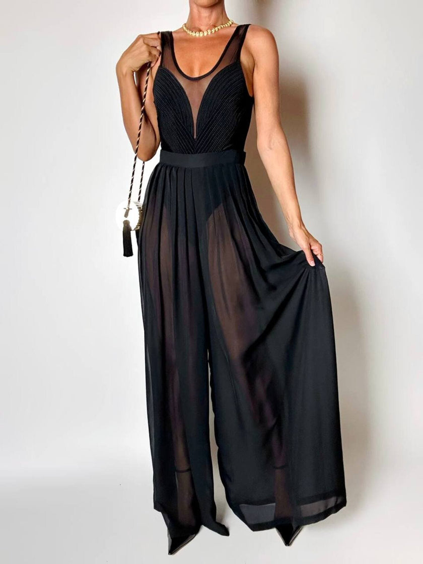 Schwarze Palazzo-Hose mit hoher Taille aus Voile