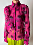 Camicia vintage Emanuel Ungaro in chiffon fucsia e lamé nero con volant plissé