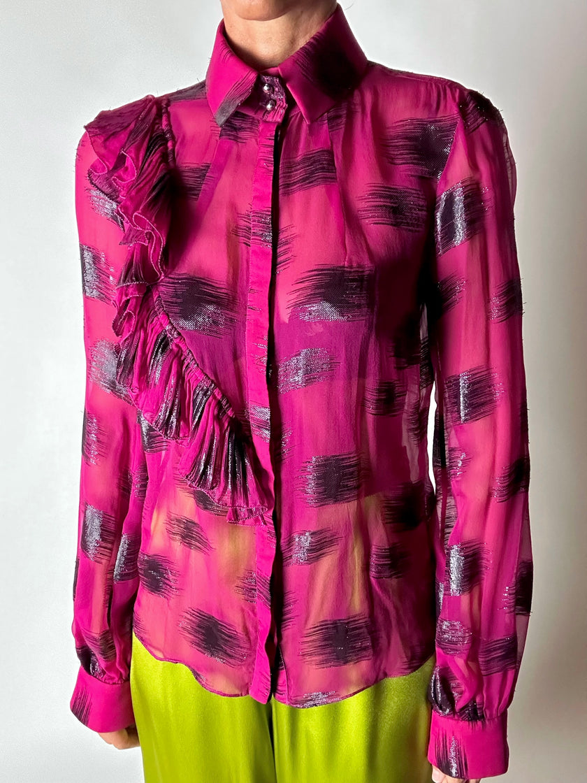 Camicia vintage Emanuel Ungaro in chiffon fucsia e lamé nero con volant plissé