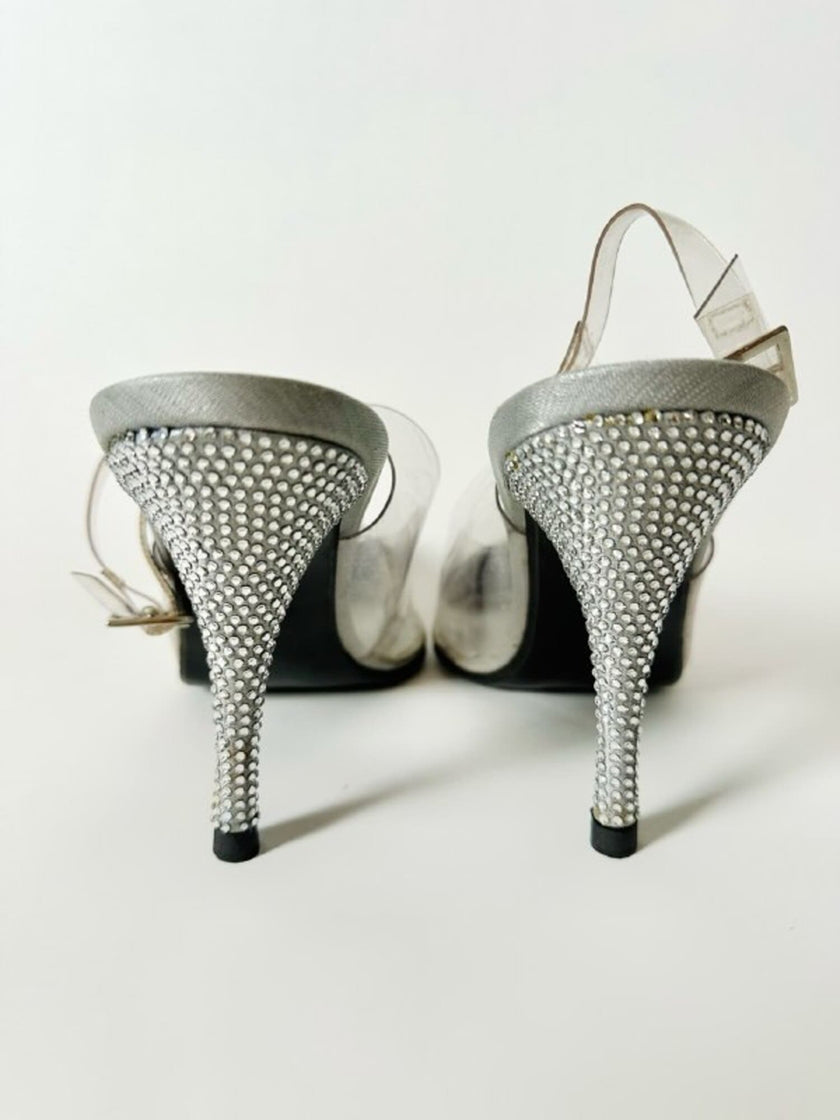 Slingback vintage a punta in plexi e strass argento Stuart Weitzman
