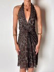 Abito vintage Roberto Cavalli in crêpe di seta marrone con ricamo in paillettes bronzo