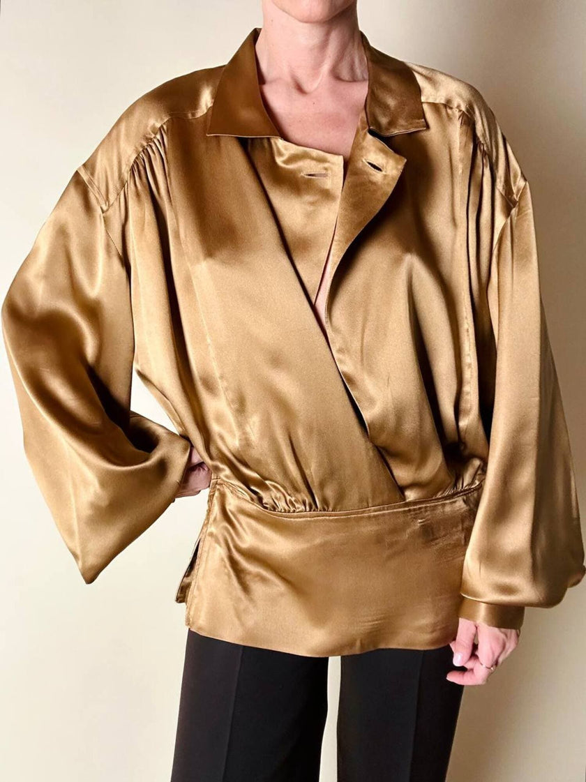Blusa vintage Baila in seta bronzo con dettaglio gioiello nei polsi