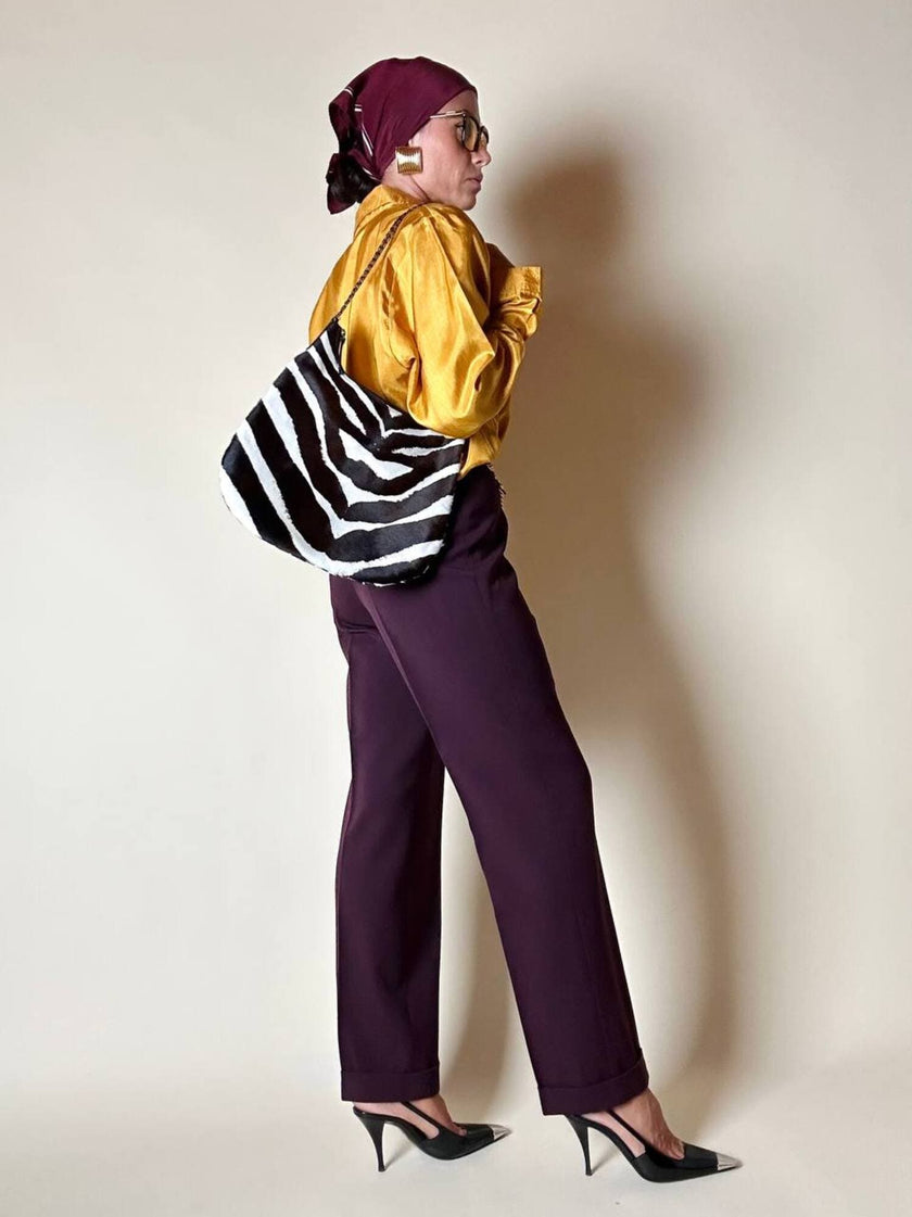 Pantalon tailleur taille haute à coupe cigarette couleur prune