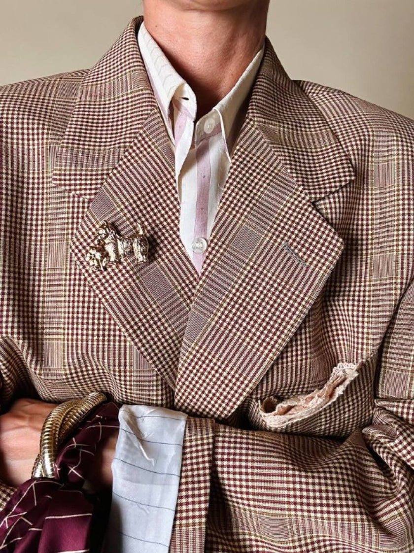Blazer oversize in fresco di lana principe di Galles beige e marrone Vincam