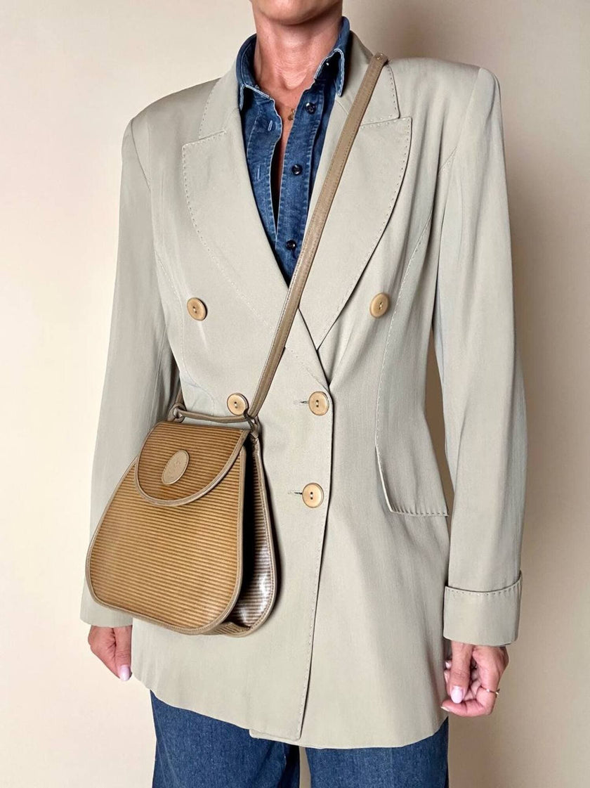 Borsa Yves Saint Laurent in tessuto plastificato millerighe color cammello con riporti in pelle argilla