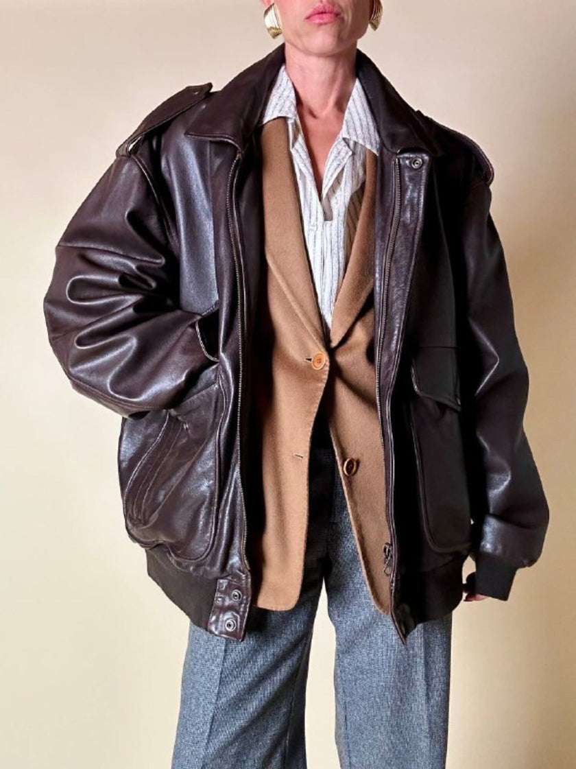 Bomber aviator oversize in pelle testa di moro