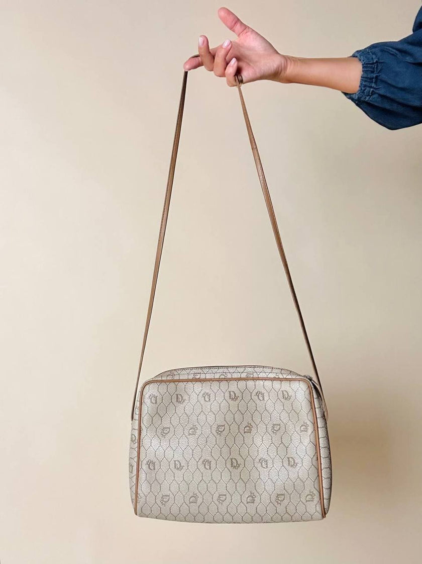 Borsa Christian Dior in tessuto jacquard logato beige con dettagli in pelle cuoio
