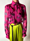 Camicia vintage Emanuel Ungaro in chiffon fucsia e lamé nero con volant plissé