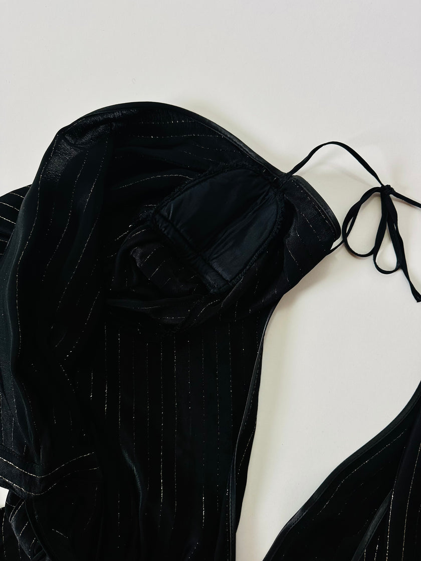 Jumpsuit vintage Yves Saint Laurent Rive Gauche nera con righe in lamé oro