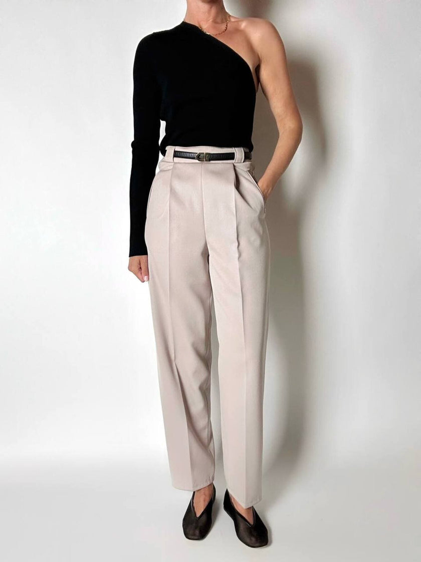 Pantalone vintage in fresco di lana greige con pince e abbottonatura su ambo i lati