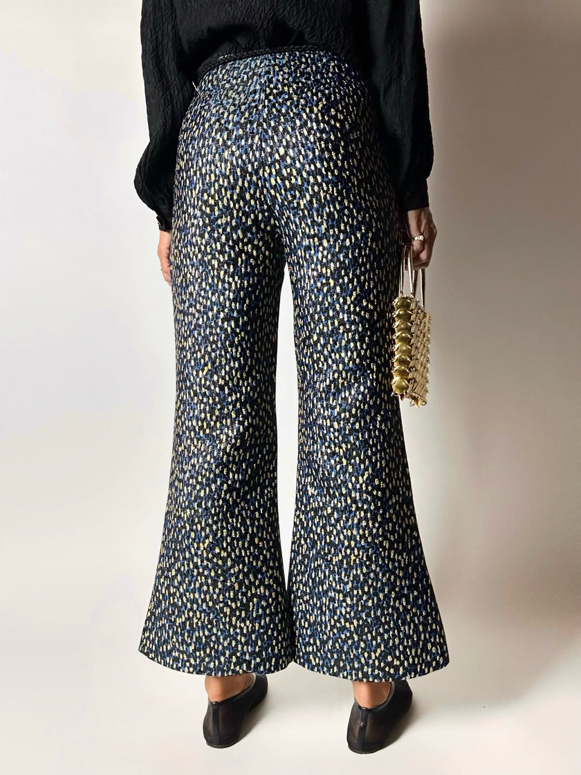 Pantalone a trombetta Merchant Archive in jacquard lamé bluette nero e oro
