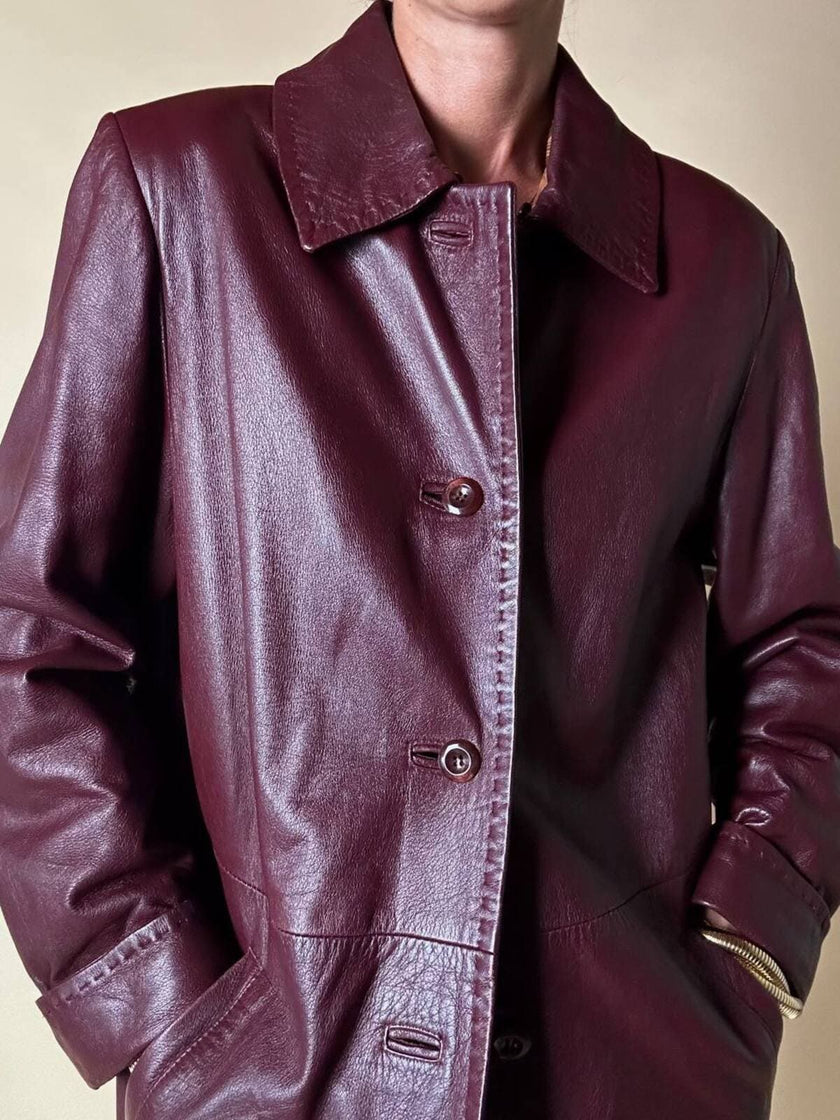 Giaccone svasato in pelle bordeaux “Allegra”