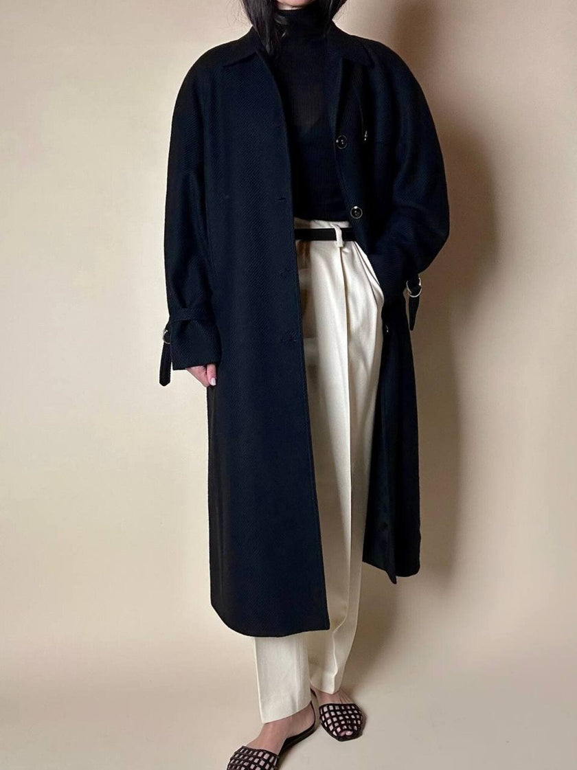Cappotto lungo vintage in lana nera con taglio trench CGV Firenze