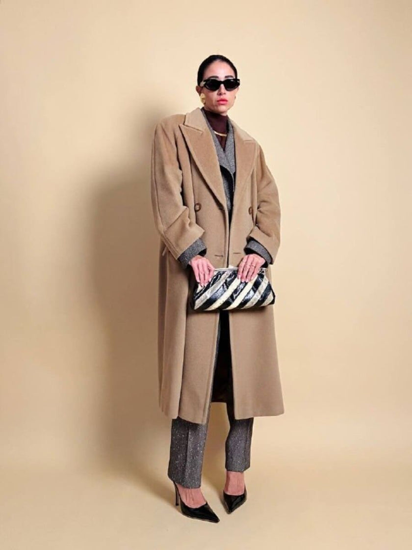 Cappotto doppiopetto in drap di lana cammello 