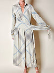 Abito Guy Laroche in crepe beige fantasia geometrica nera e azzurra