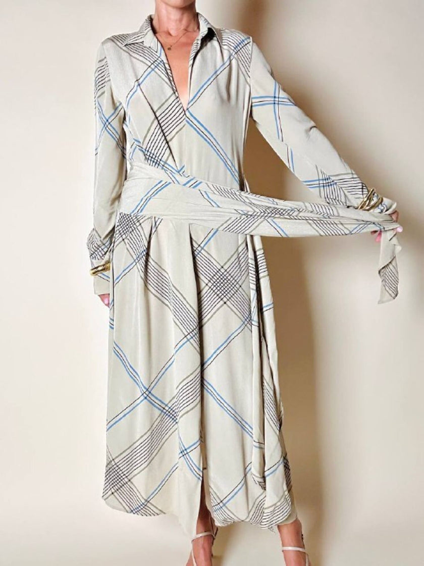 Abito Guy Laroche in crepe beige fantasia geometrica nera e azzurra
