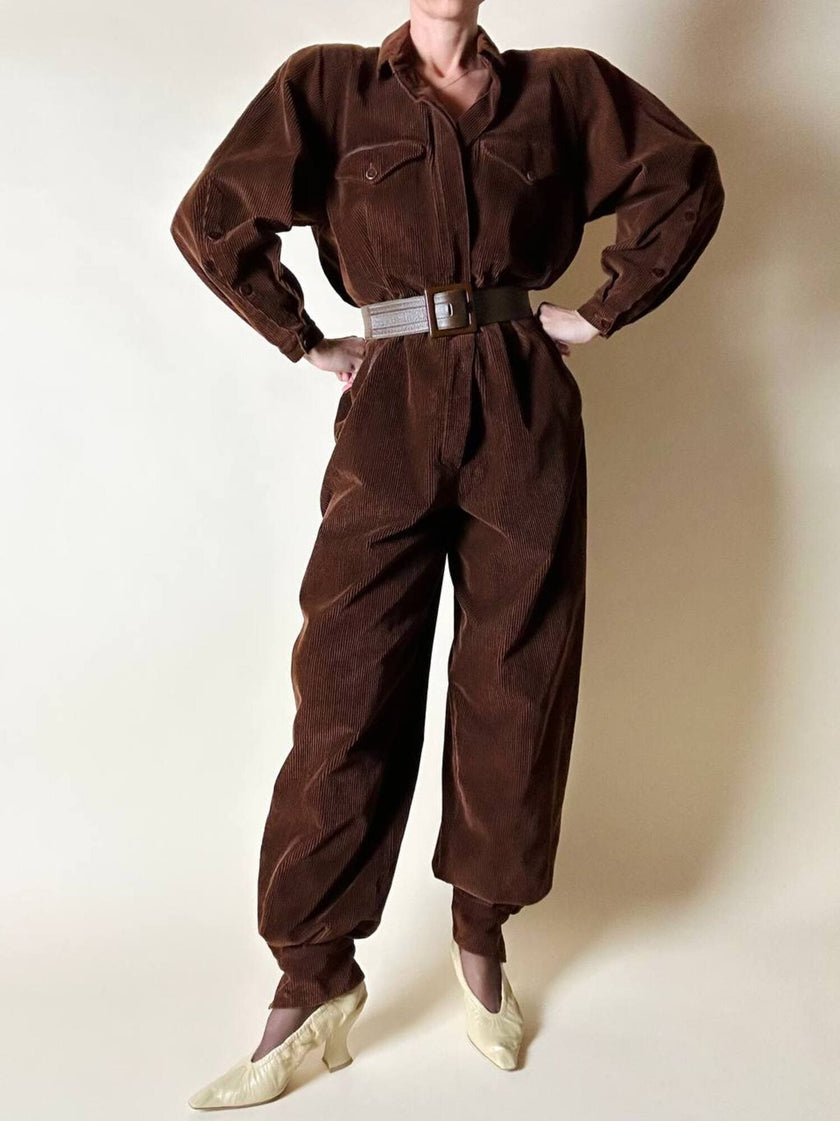 Combinaison vintage Complice en velours côtelé marron avec détails en cuir