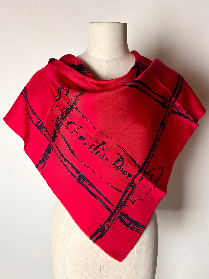 Foulard vintage Christian Dior in seta rossa con stampa bambù nera e maxi firma