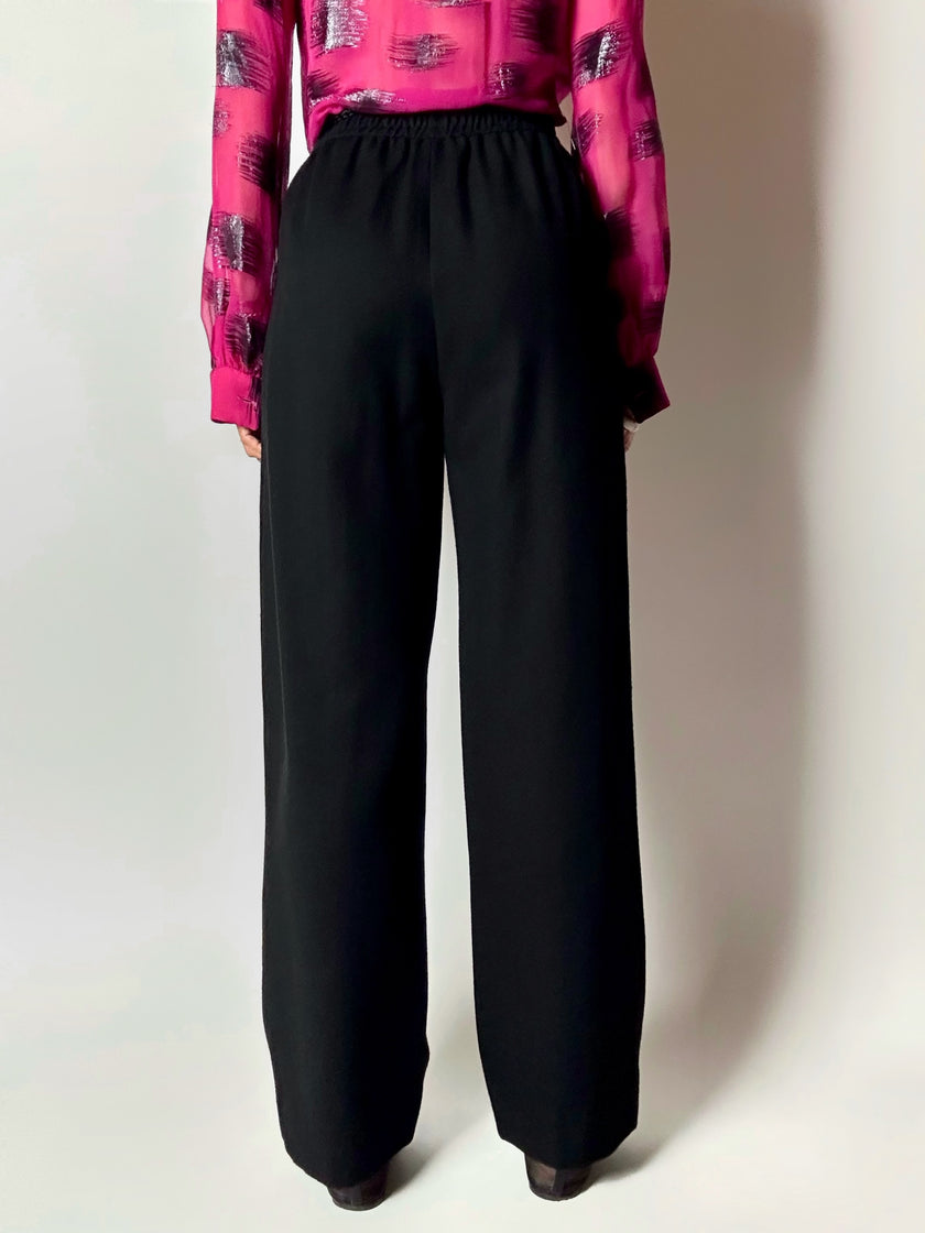Pantaloni vintage Yves Saint Laurent Variation in lana nera a gamba ampia con tasche applicate
