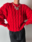 Maglione vintage fatto a mano in lana rossa con maxi trecce a rilievo