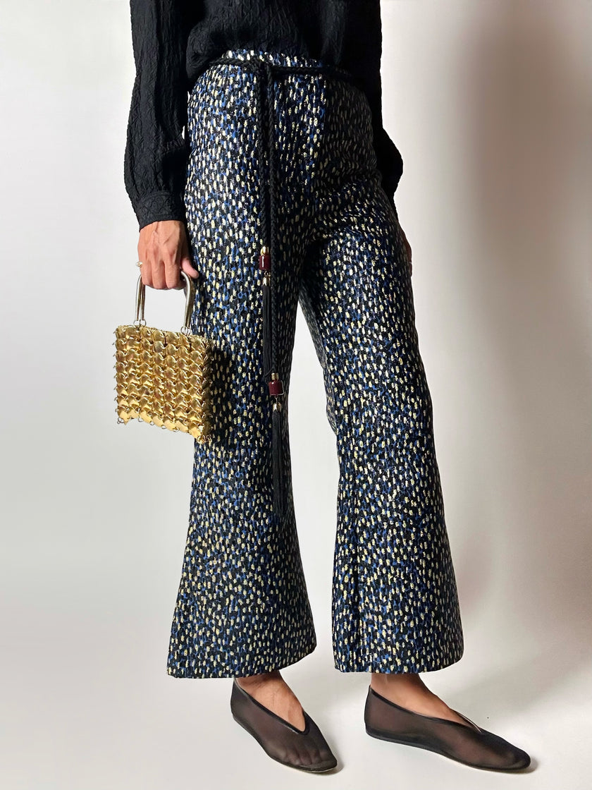 Pantalone a trombetta Merchant Archive in jacquard lamé bluette nero e oro