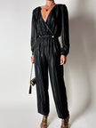 Jumpsuit vintage Yves Saint Laurent Rive Gauche nera con righe in lamé oro