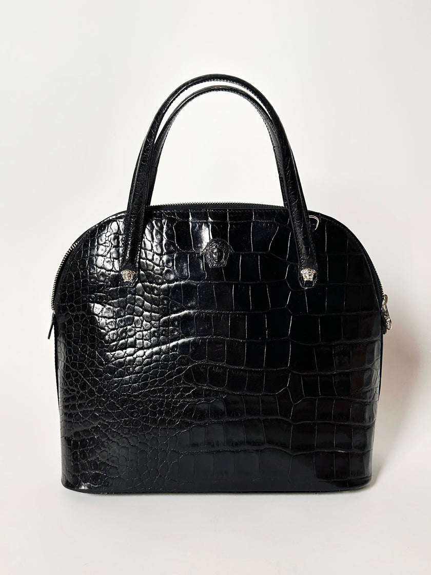 Vintage Versace Tasche aus schwarzem Leder mit Krokodilprägung