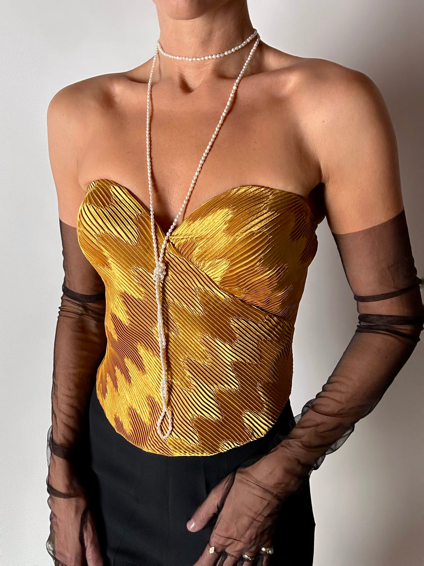 Bustier vintage La Perla in raso micro plissé ocra con scollo a cuore