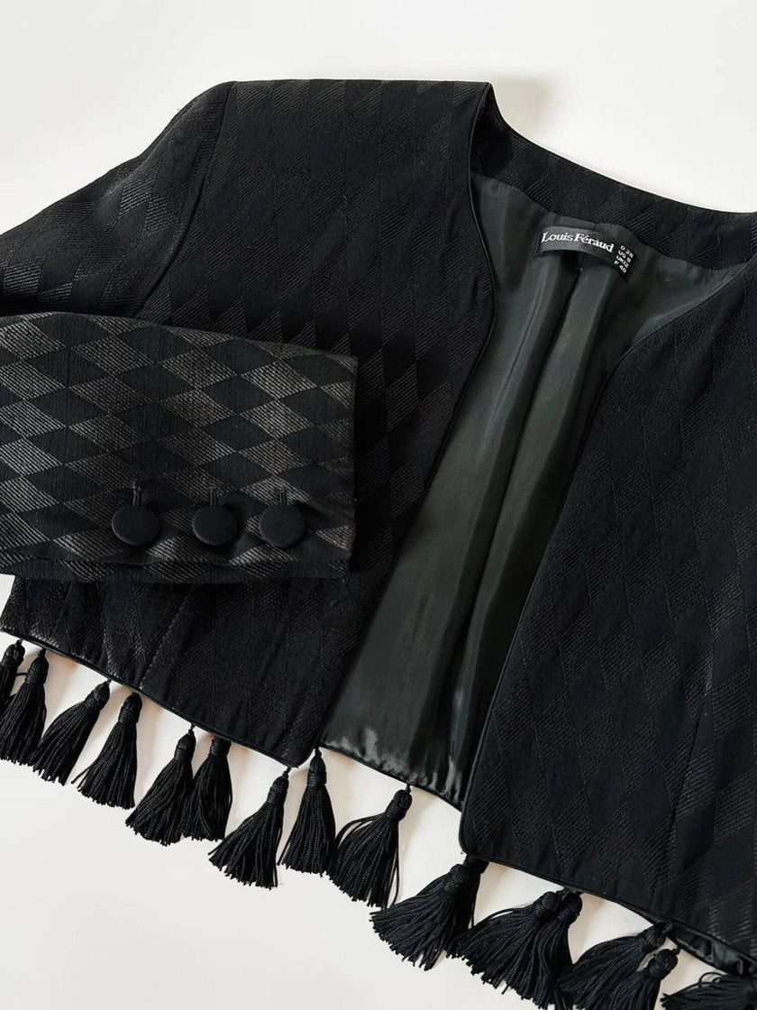 Spencer vintage Louis Féraud in tessuto jacquard nero operato a losanghe e nappine