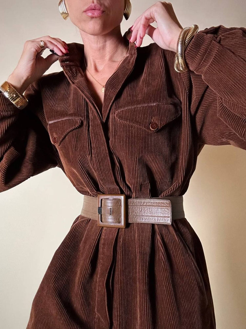 Cintura vintage Yves Saint Laurent in pelle marrone con maxi fibbia in resina