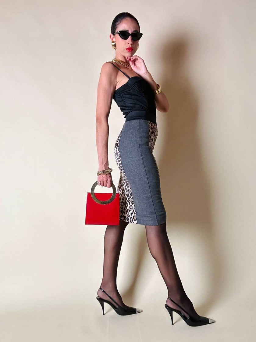 Longuette leopardata con riporti in tela grigia “D&G”