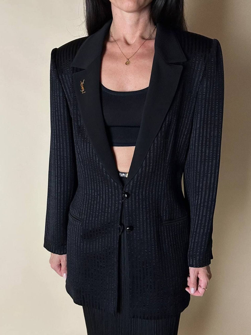 Blazer vintage State of Claude Montana in tessuto jacquard nero bacchettato