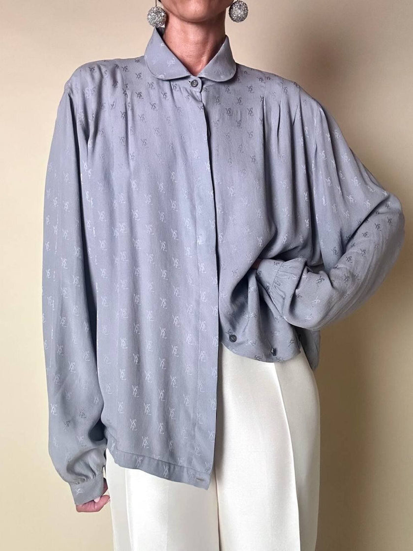 Camicia in seta Jacquard gray con logo YSL allover
