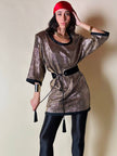 Mini dress oro in tessuto operato con profili neri in raso nero  “Yves Saint Laurent”