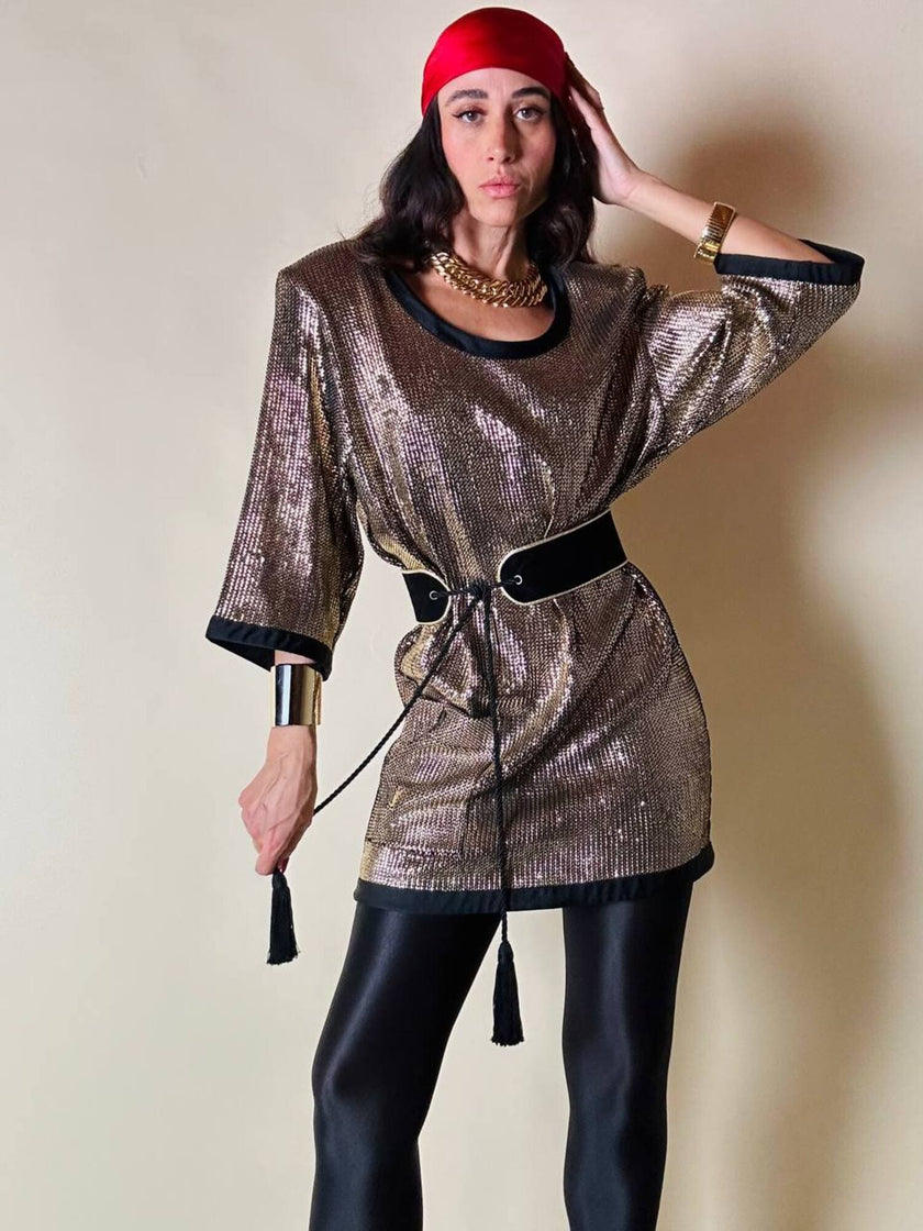 Mini dress oro in tessuto operato con profili neri in raso nero  “Yves Saint Laurent”
